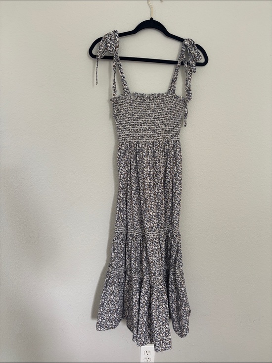 o.p.t Dresses & Skirts - Smocked Floral Midi Dress with Tie Straps - White/blue/tan